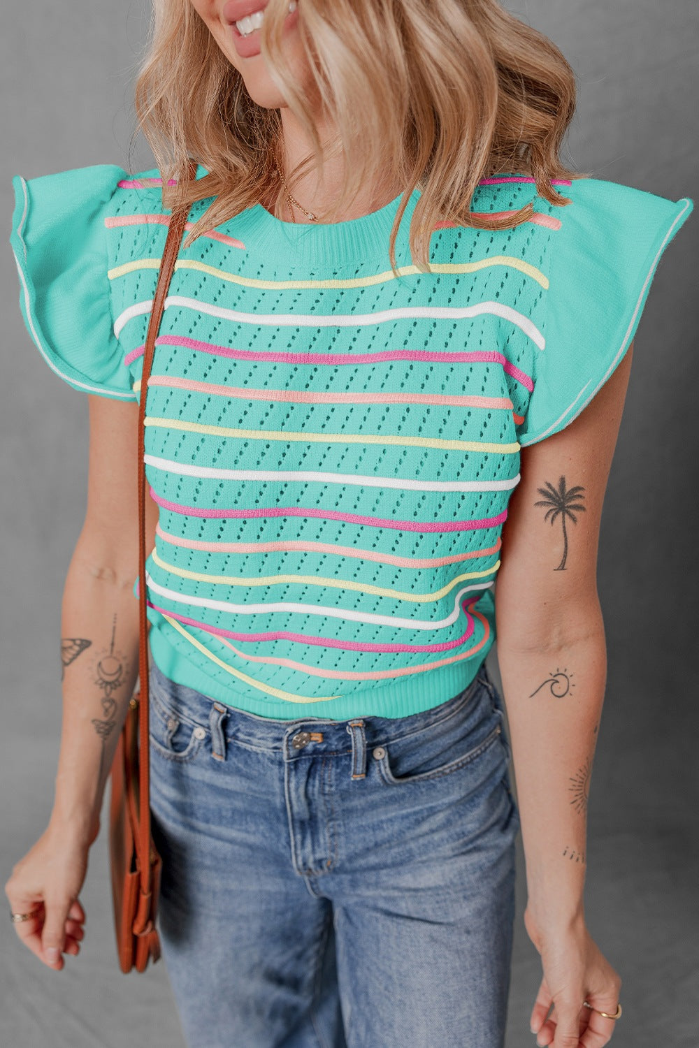 Ruffled Eyelet Striped Round Neck Cap Sleeve Knit Top - felvior