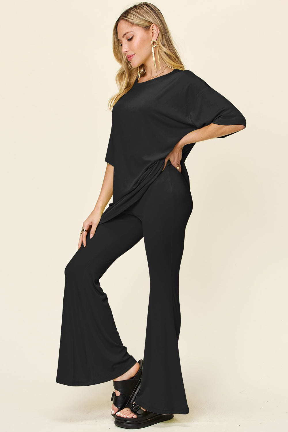 Double Take Full Size Round Neck Drop Shoulder T-Shirt and Flare Pants Set - felvior