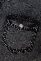 Short Sleeve Flap Pocket Button Up Raw Hem Denim Shirt