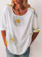 Full Size Flower Round Neck Half Sleeve T-Shirt Plus Size