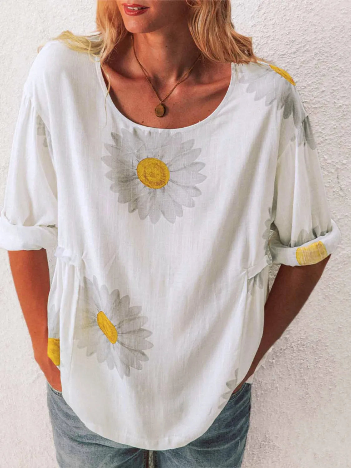 Full Size Flower Round Neck Half Sleeve T-Shirt Plus Size