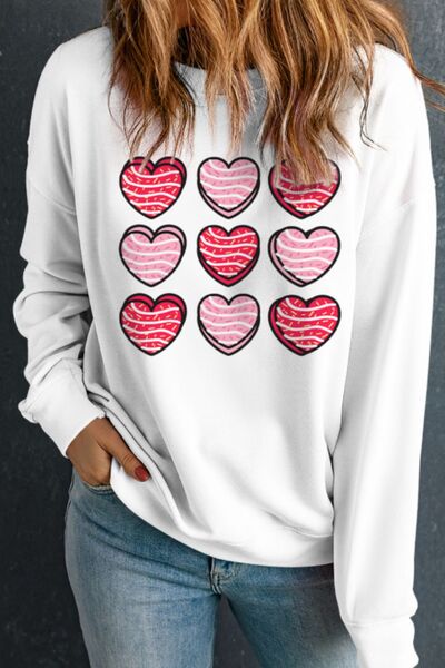 Valentine's Day Heart Round Neck Long Sleeve Sweatshirt - felvior