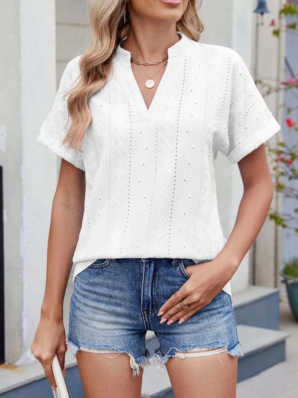 Eyelet Notched Short Sleeve Top