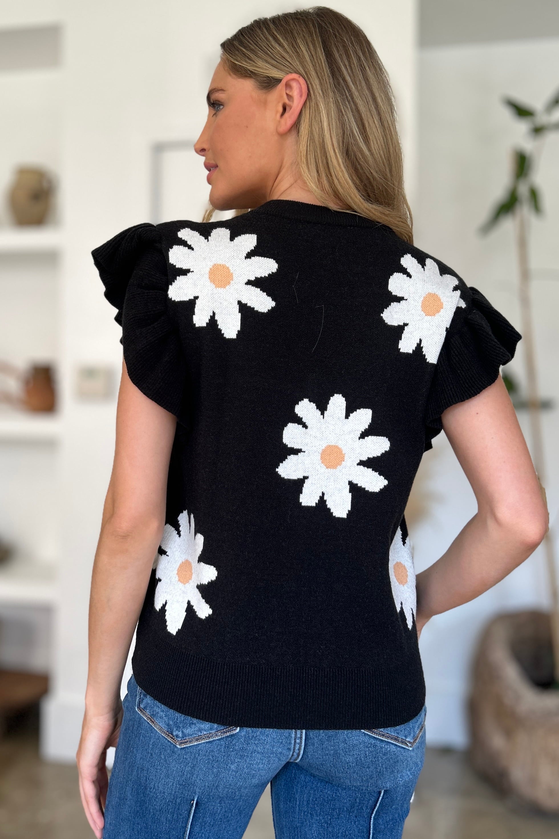 Double Take Full Size Ruffled Flower Round Neck Cap Sleeve Sweater - felvior