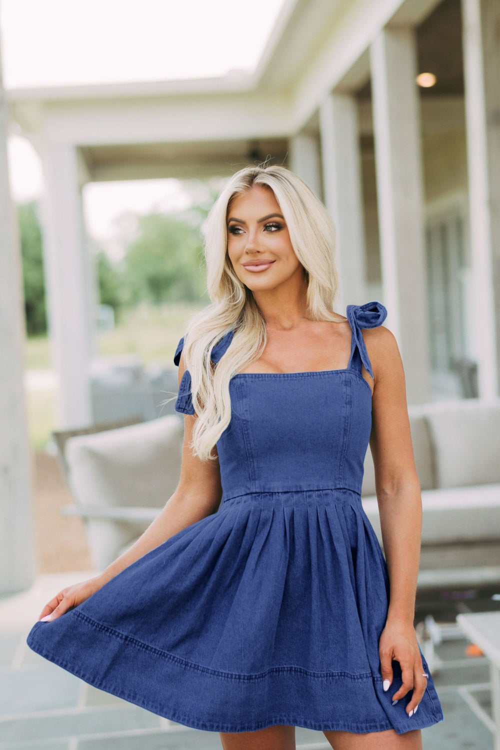 Square Neck Tie Shoulder Denim Dress - felvior