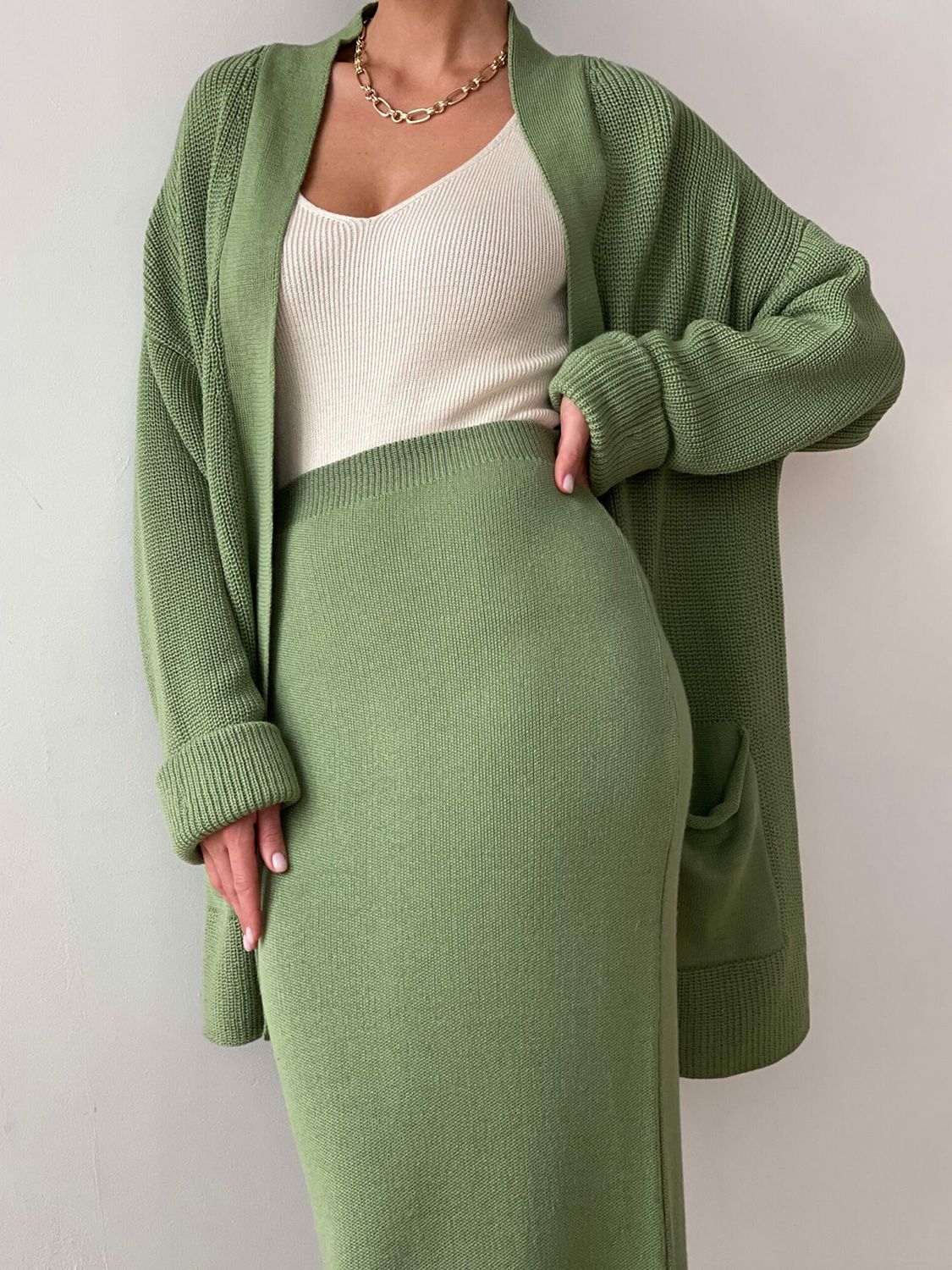 Pocketed Long Sleeve Cardigan and Skirt Sweater Set - felvior