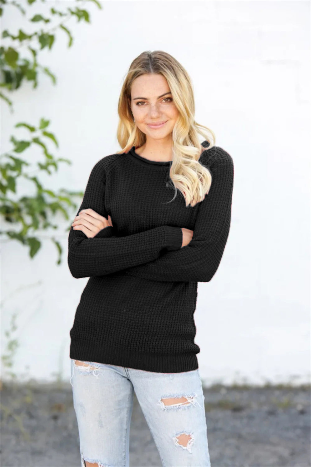 Round Neck Raglan Sleeve Sweater - felvior