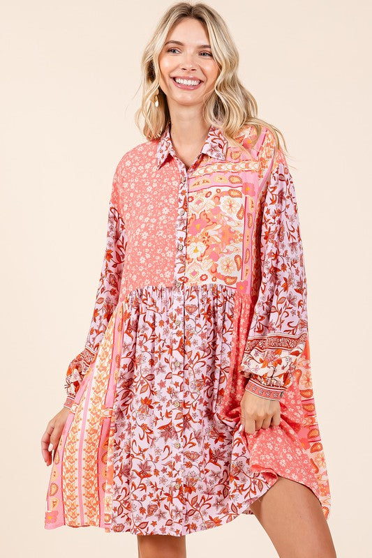 Mittoshop Floral Button Detail Long Sleeve Shirt Dress Hauptbild