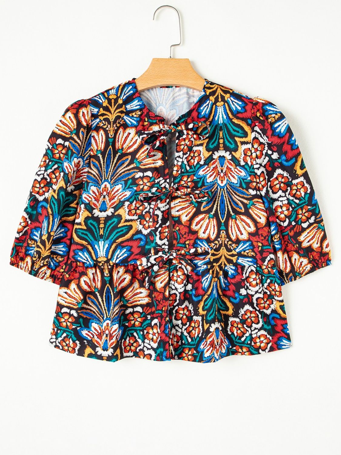 Tropical Print Puff Sleeve Knot Front Blouse - felvior
