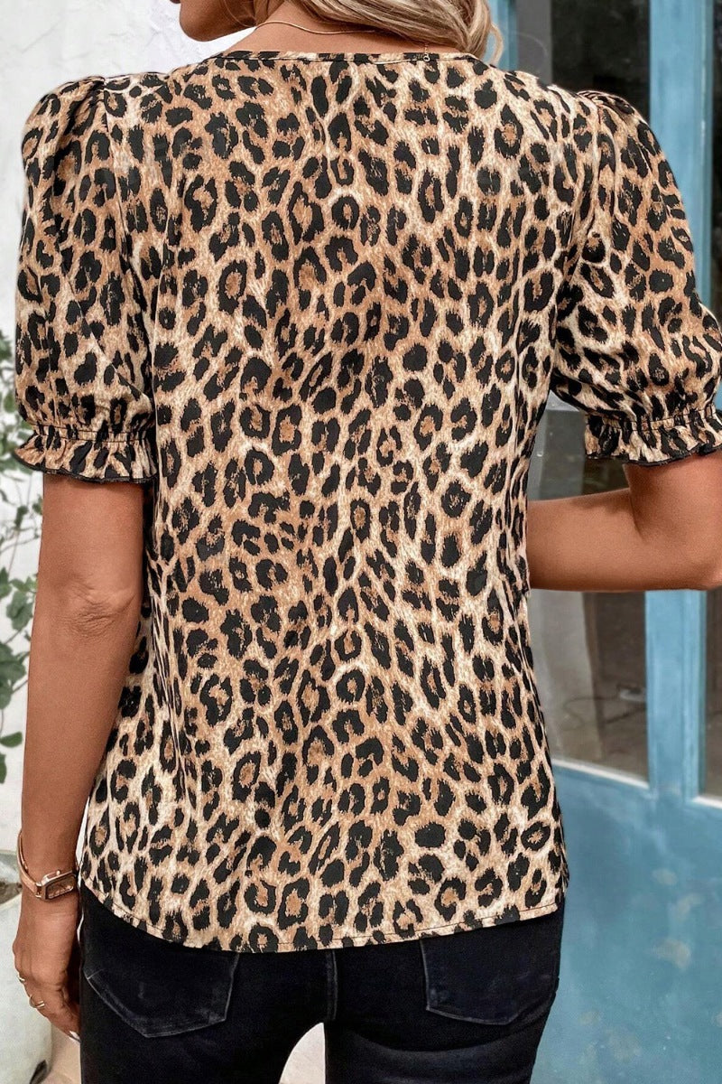 Leopard Ruffled Neck Cascading Puff Short Sleeve Top - felvior