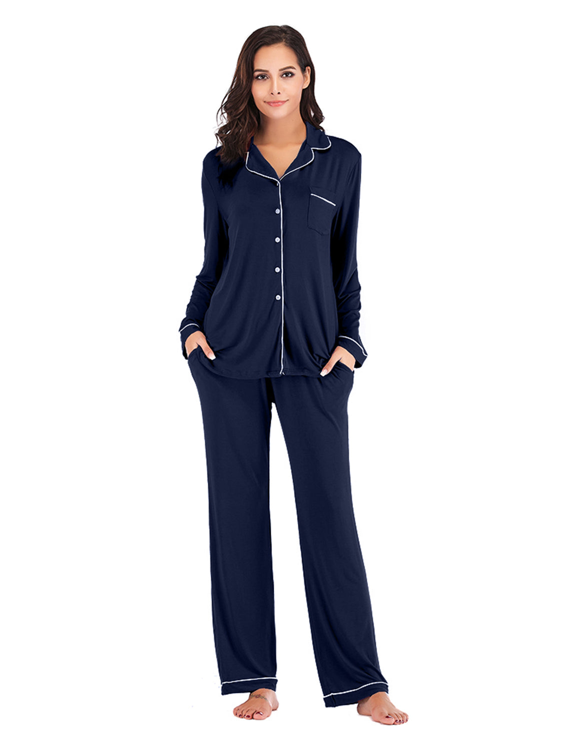 Collared Neck Long Sleeve Loungewear Set with Pockets - felvior