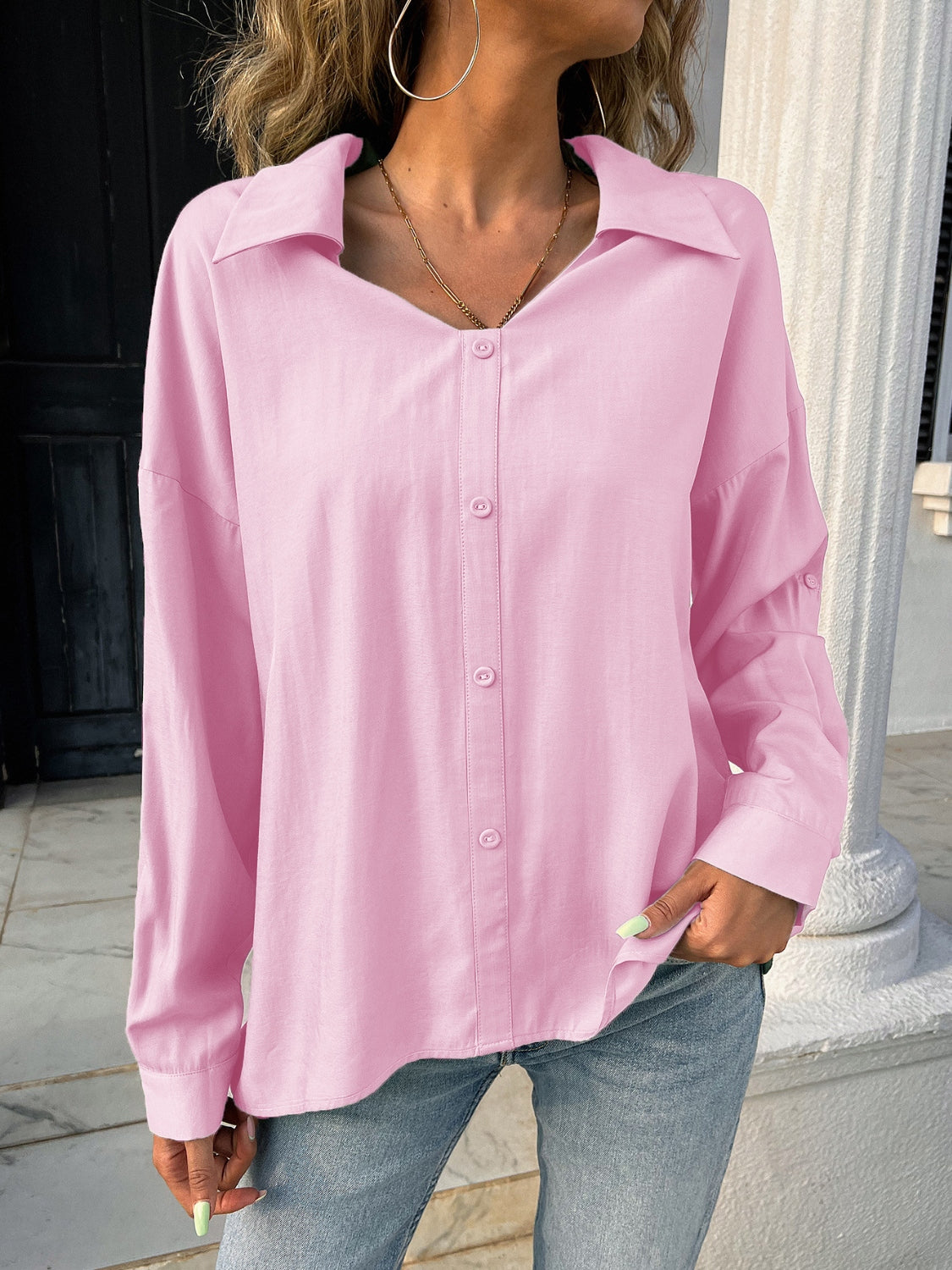 Button Down Collared Neck Long Sleeve Shirt - felvior