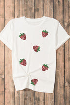 Sequin Strawberry Crew Neck Short Sleeve T Shirt