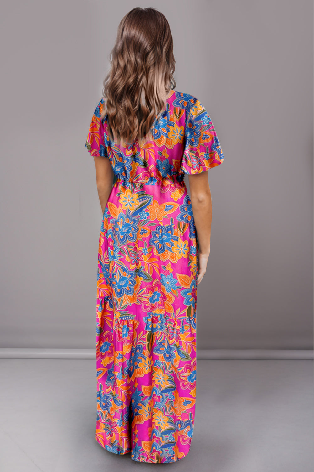 Printed Surplice Short Sleeve Maxi Dress - felvior