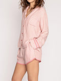 Striped Collared Neck Long Sleeve Top and Shorts Lounge Set - felvior