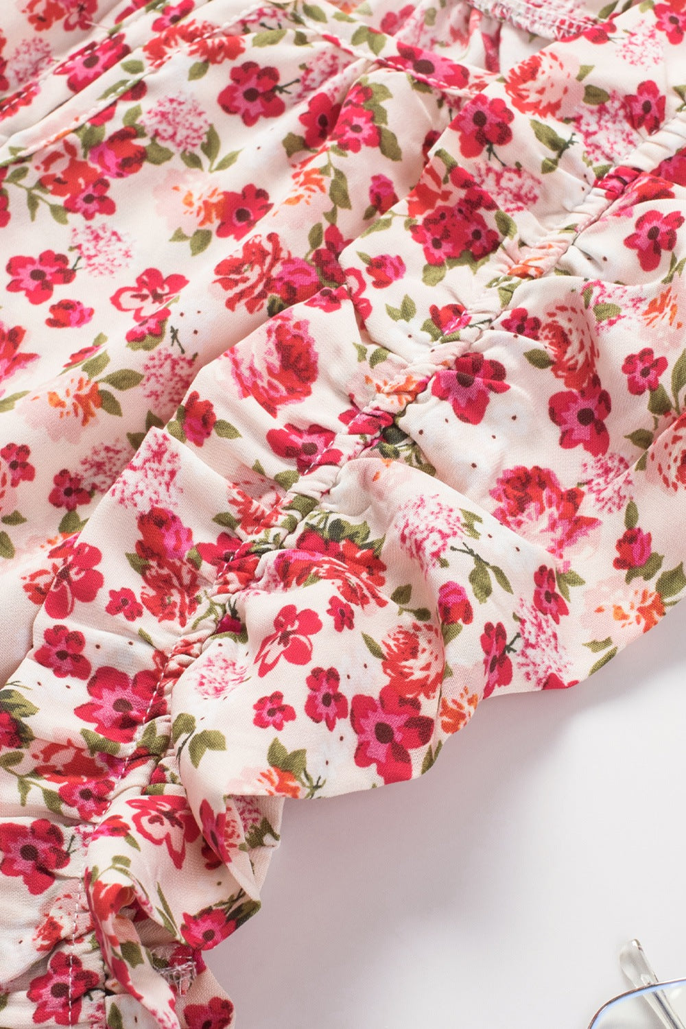 Ruffled Floral Round Neck Cap Sleeve Blouse - felvior