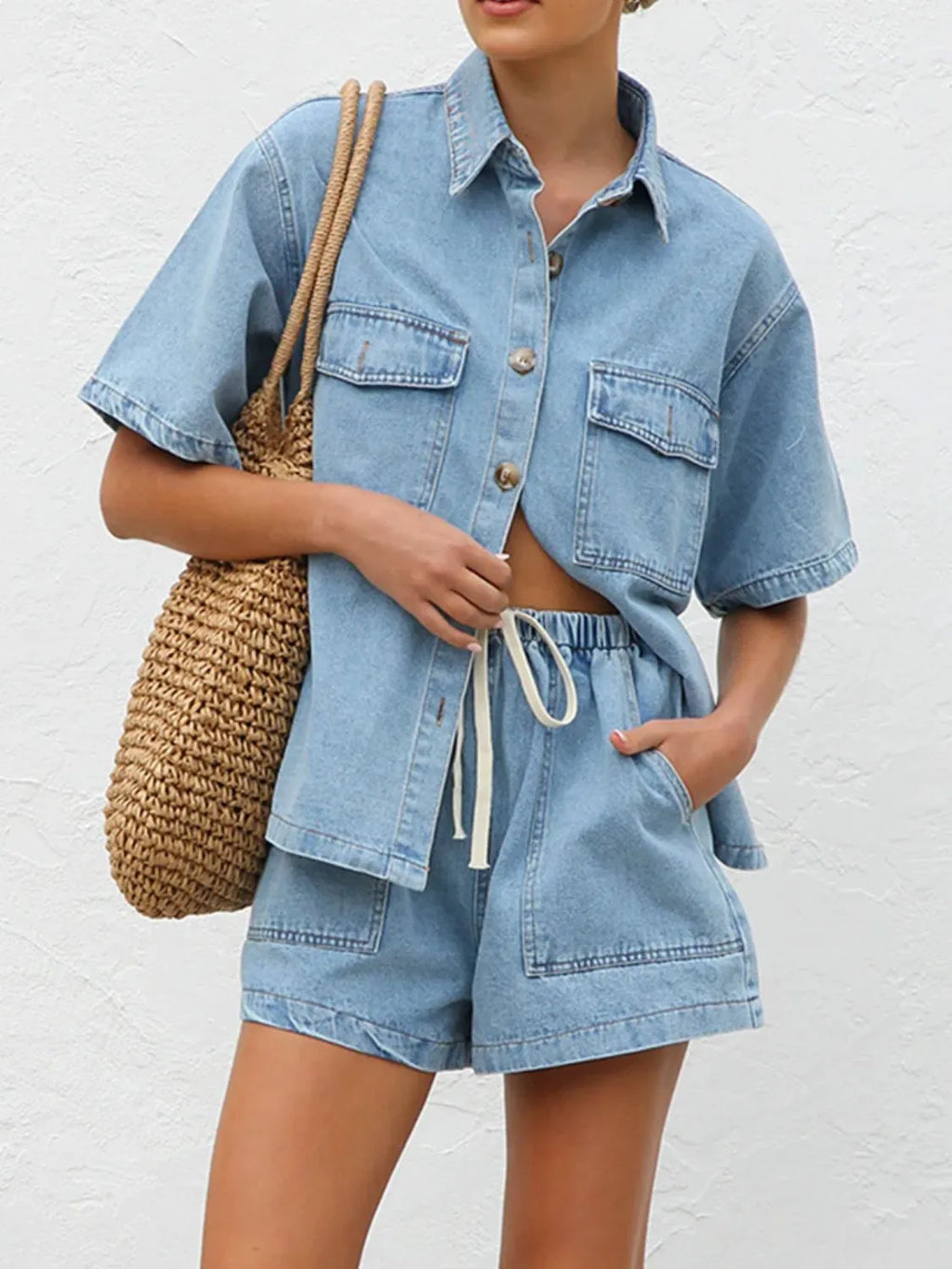 Button Up Short Sleeve Top and Shorts Denim Set