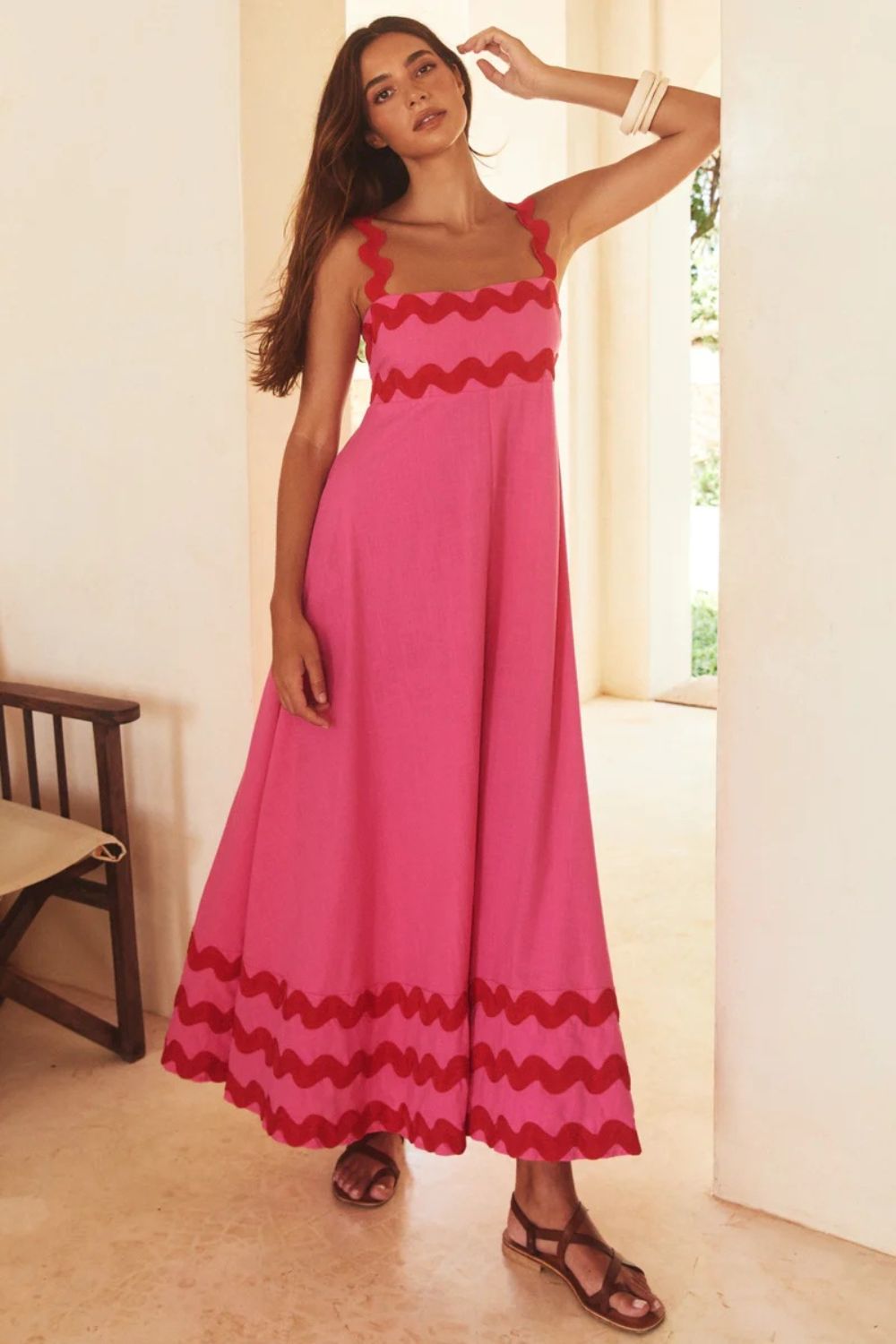 Contrast Trim Square Neck Wide Strap Dress - felvior