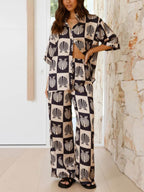 Printed Collared Neck Top and Wide Leg Pants Set