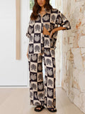 Printed Collared Neck Top and Wide Leg Pants Set - felvior