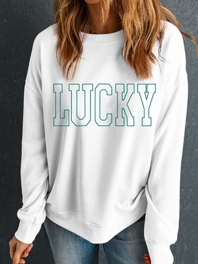 LUCKY Graphic Round Neck Long Sleeve Sweatshirt