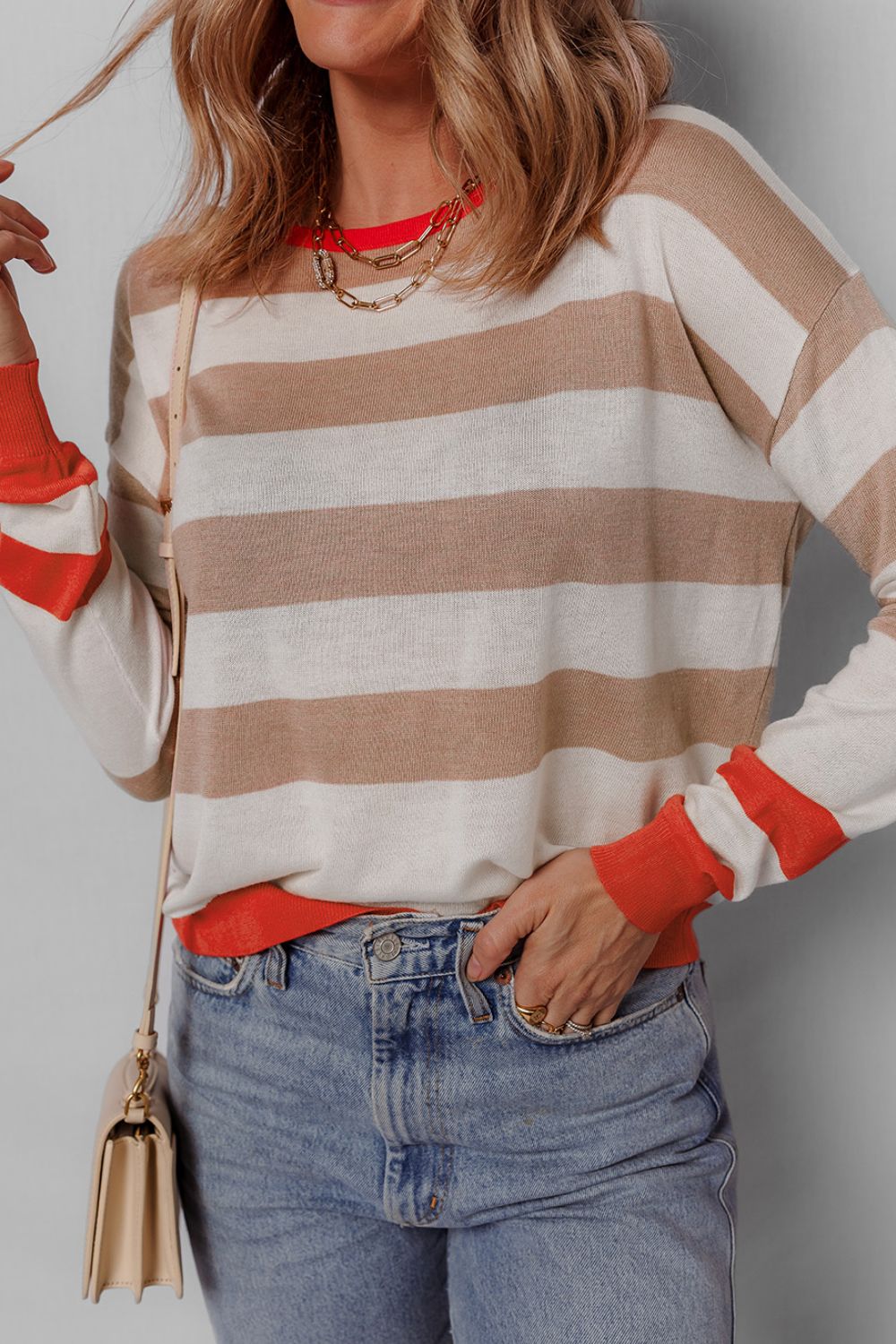 Contrast Striped Round Neck Drop Shoulder Knit Top - felvior