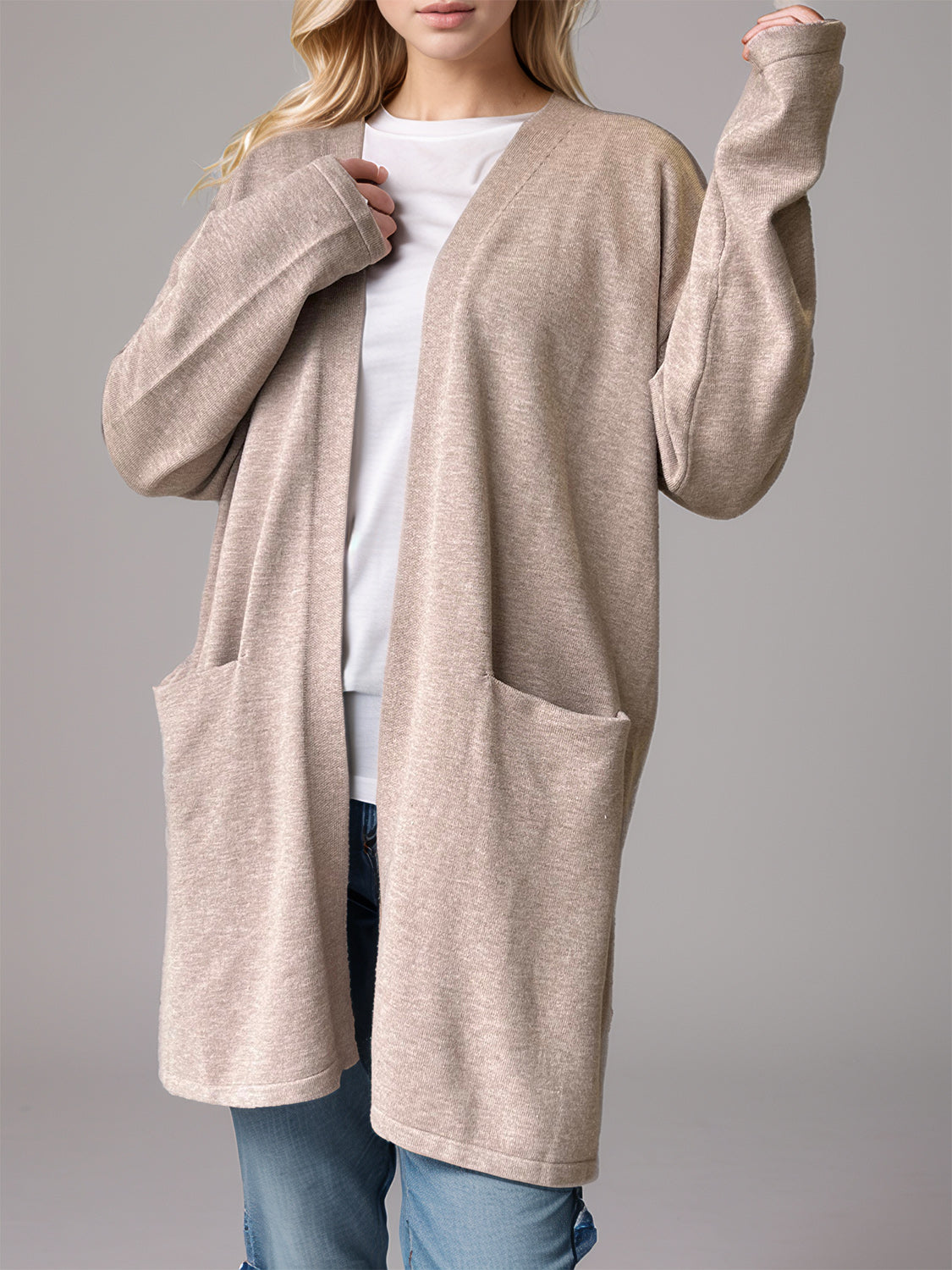 Open Front Long Sleeve Cardigan with Pockets - felvior