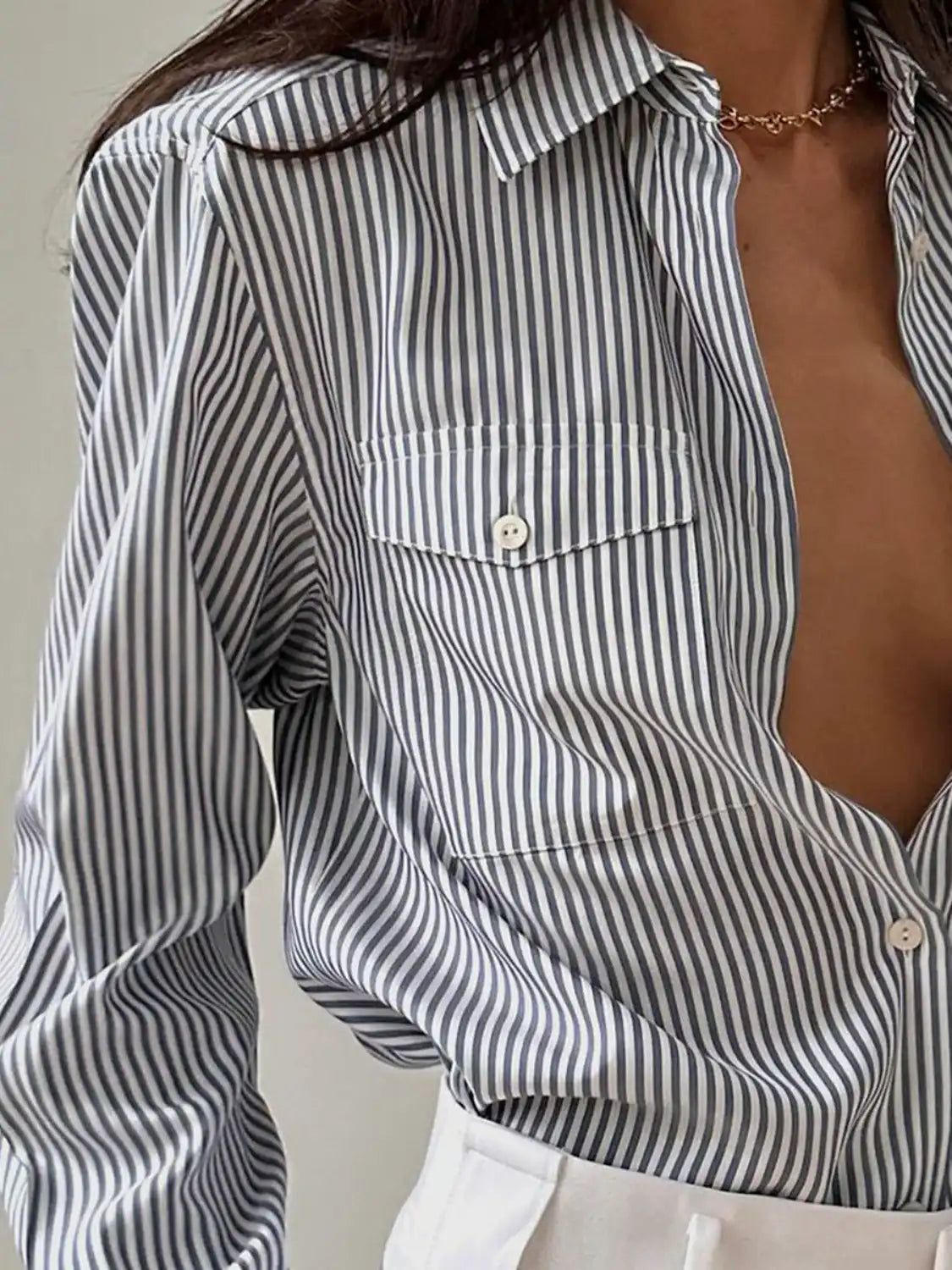 Devine Striped Collared Neck Long Sleeve Shirt - felvior
