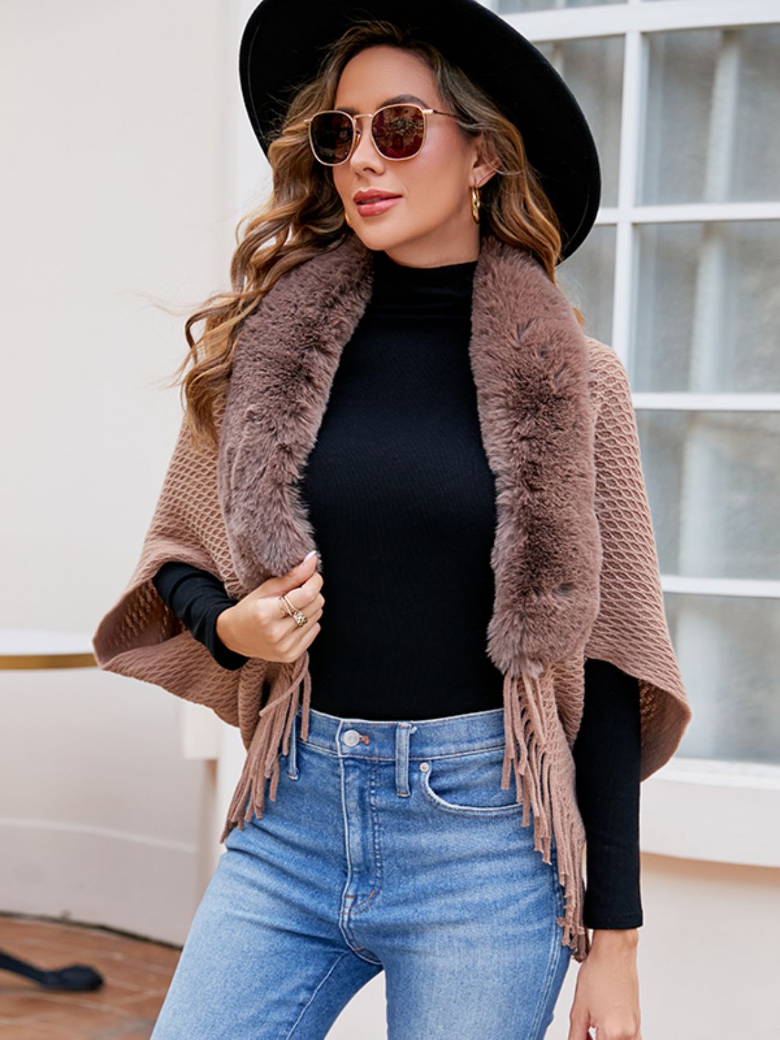 Open Front Fringe Hem Poncho - felvior