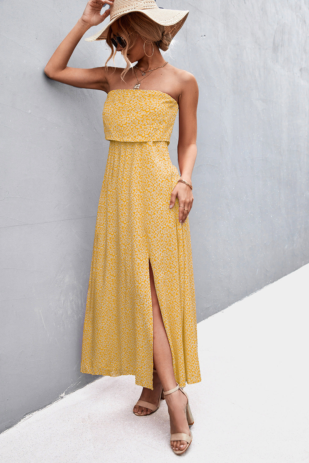 Strapless Split Maxi Dress - felvior