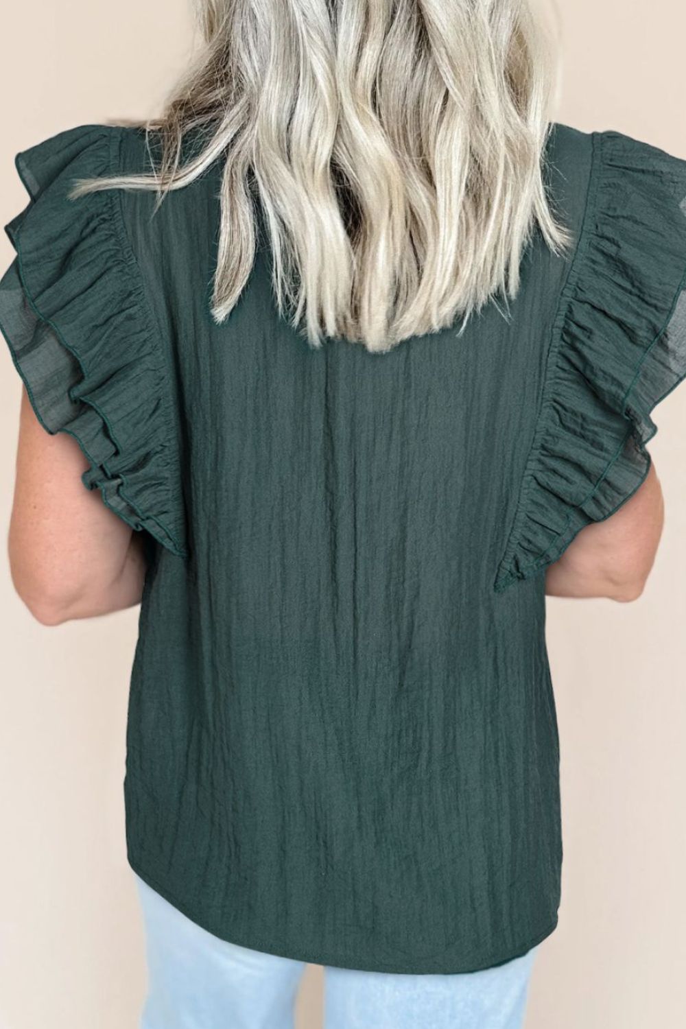 Frilled Notched Ruffled Cap Sleeve Blouse