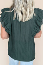Frilled Notched Ruffled Cap Sleeve Blouse
