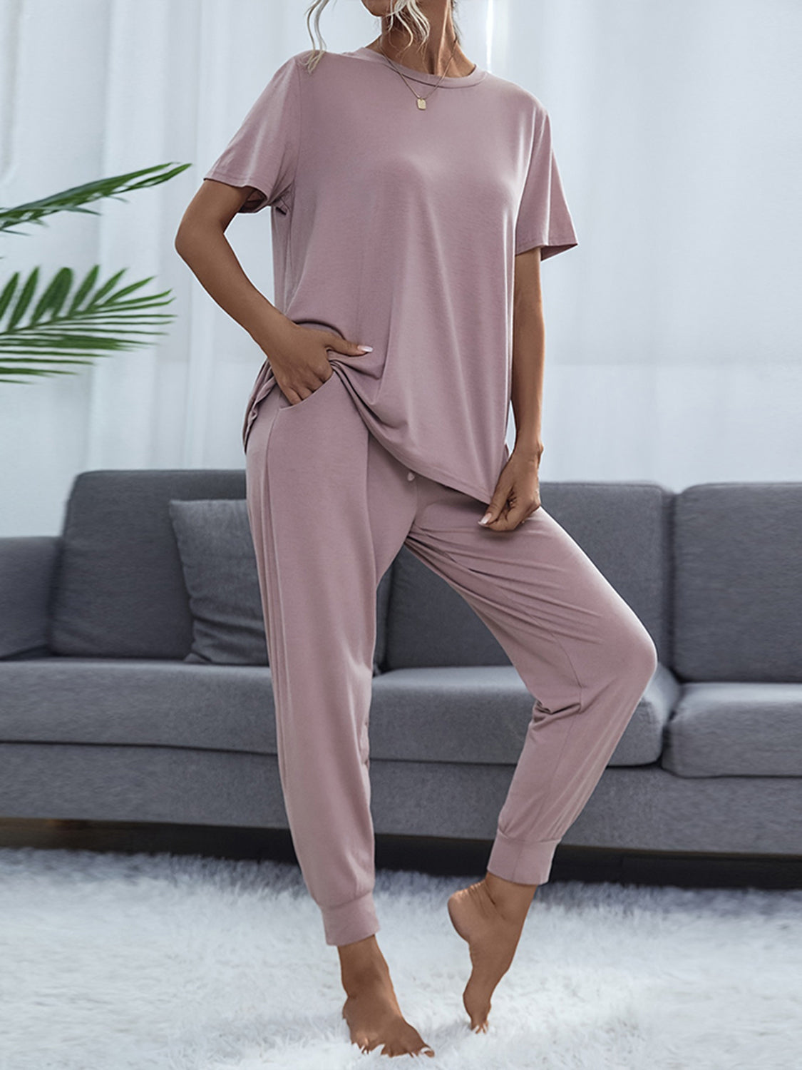 Shiny Round Neck Short Sleeve Top and Pants Set - felvior