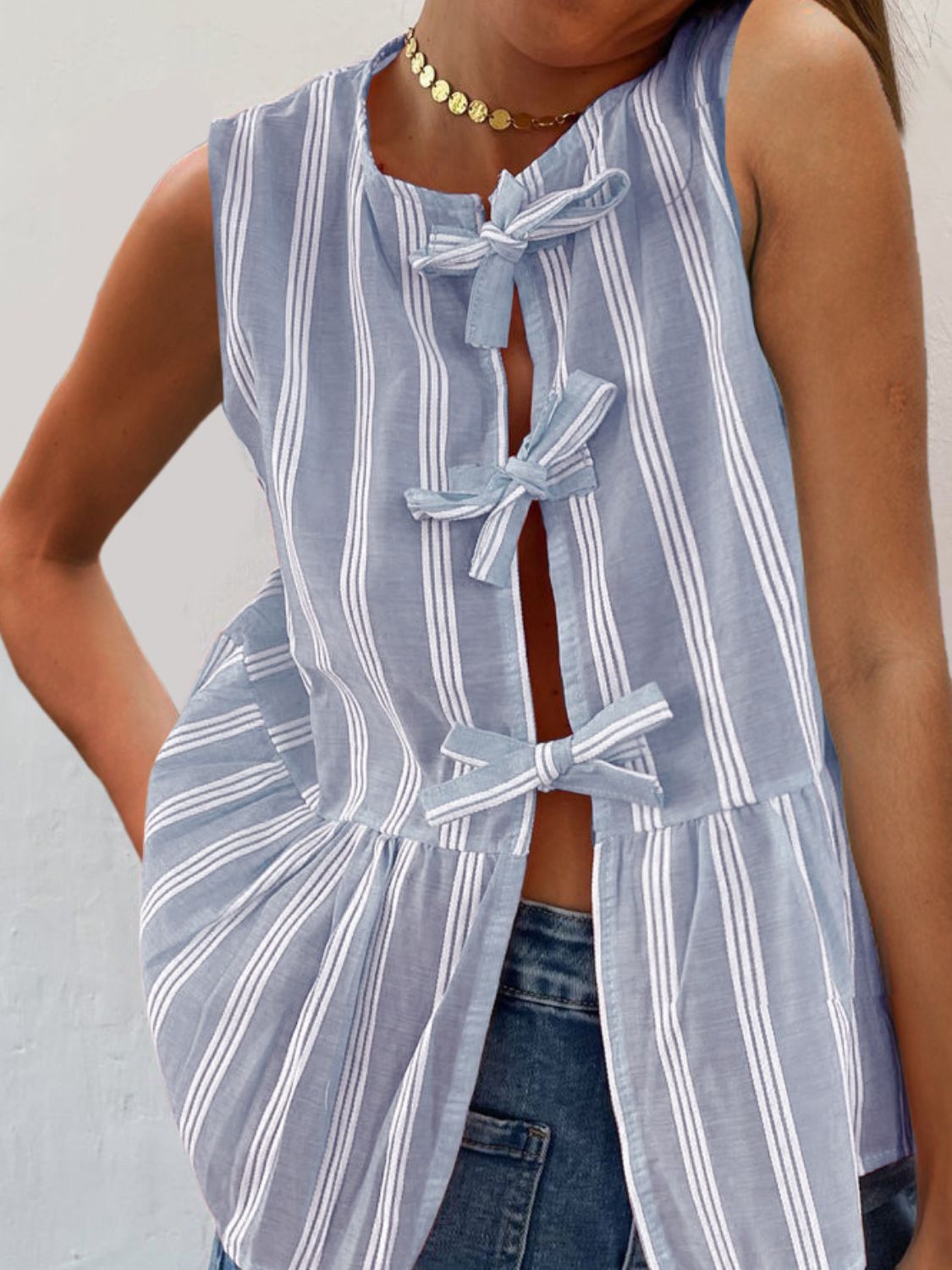 Tied Striped Round Neck Tank - felvior