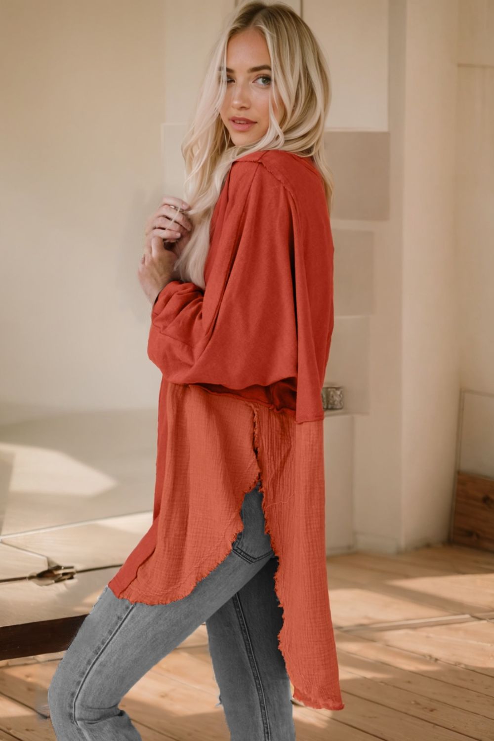 Contrast Texture Round Neck Long Sleeve Blouse - felvior