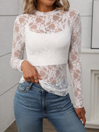 Floral Mock Neck Long Sleeve Mesh Top