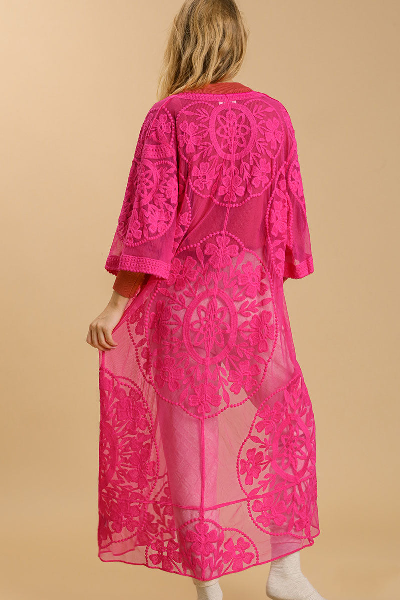 Umgee Full Size Floral Lace Open Front Long Kimono with Waist Tie Plus Size Secondary image