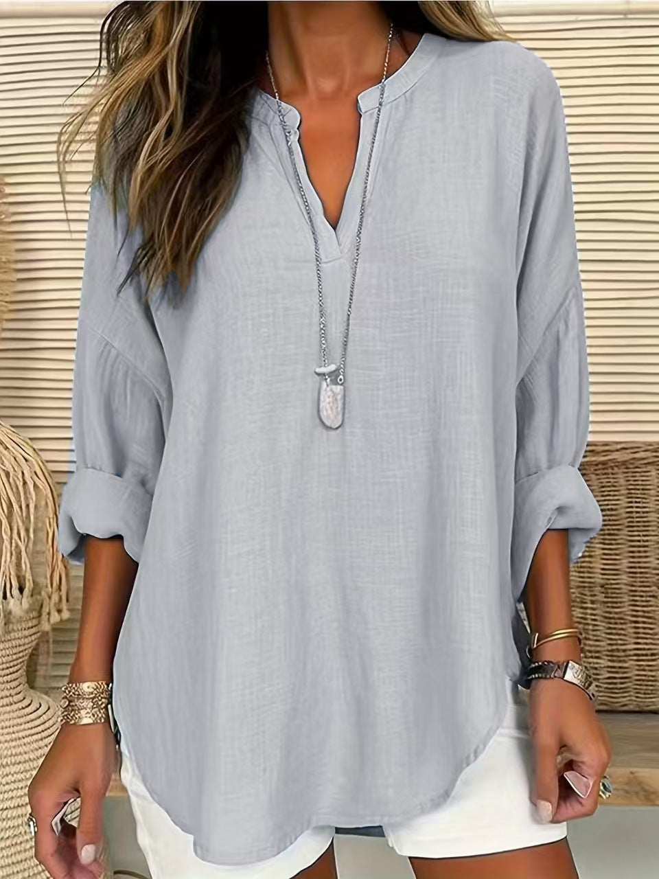 Solid Color Notched Long Sleeve Blouse - felvior
