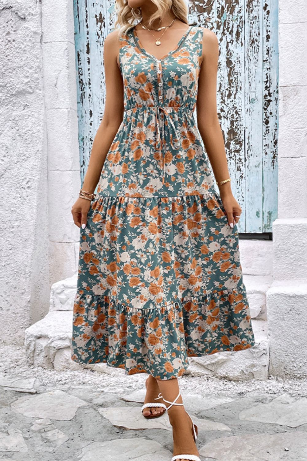Perfee Floral V-Neck Tiered Sleeveless Dress - felvior
