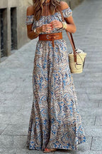 Printed Off-Shoulder Short Sleeve Maxi Dress