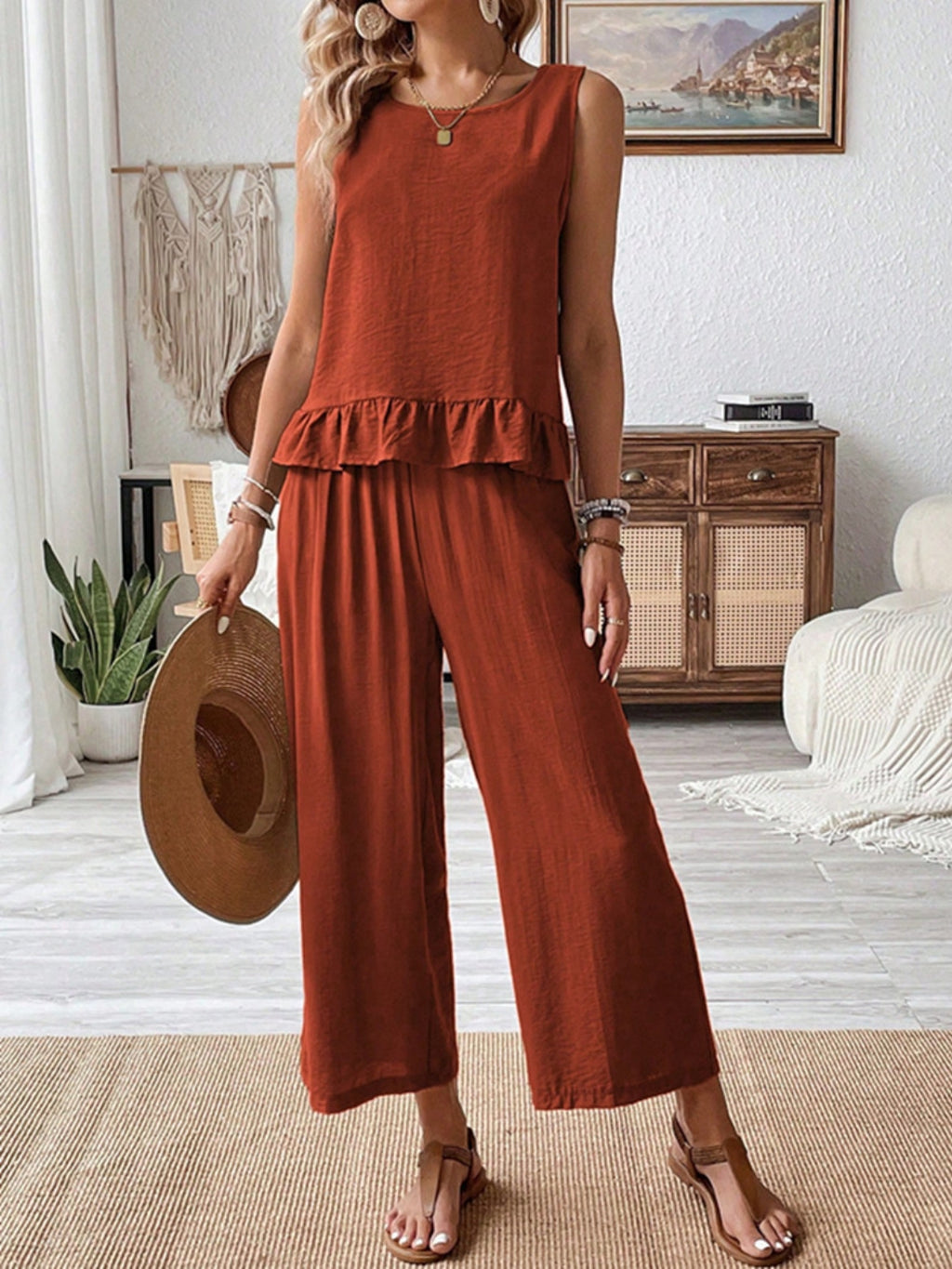 Ruffled Round Neck Top and Wide Leg Pants Set