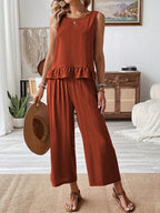 Ruffled Round Neck Top and Wide Leg Pants Set