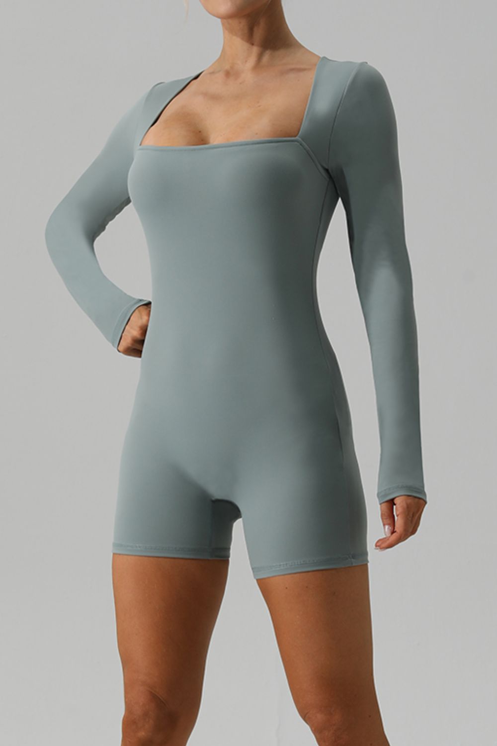 Square Neck Long Sleeve Active Romper - felvior