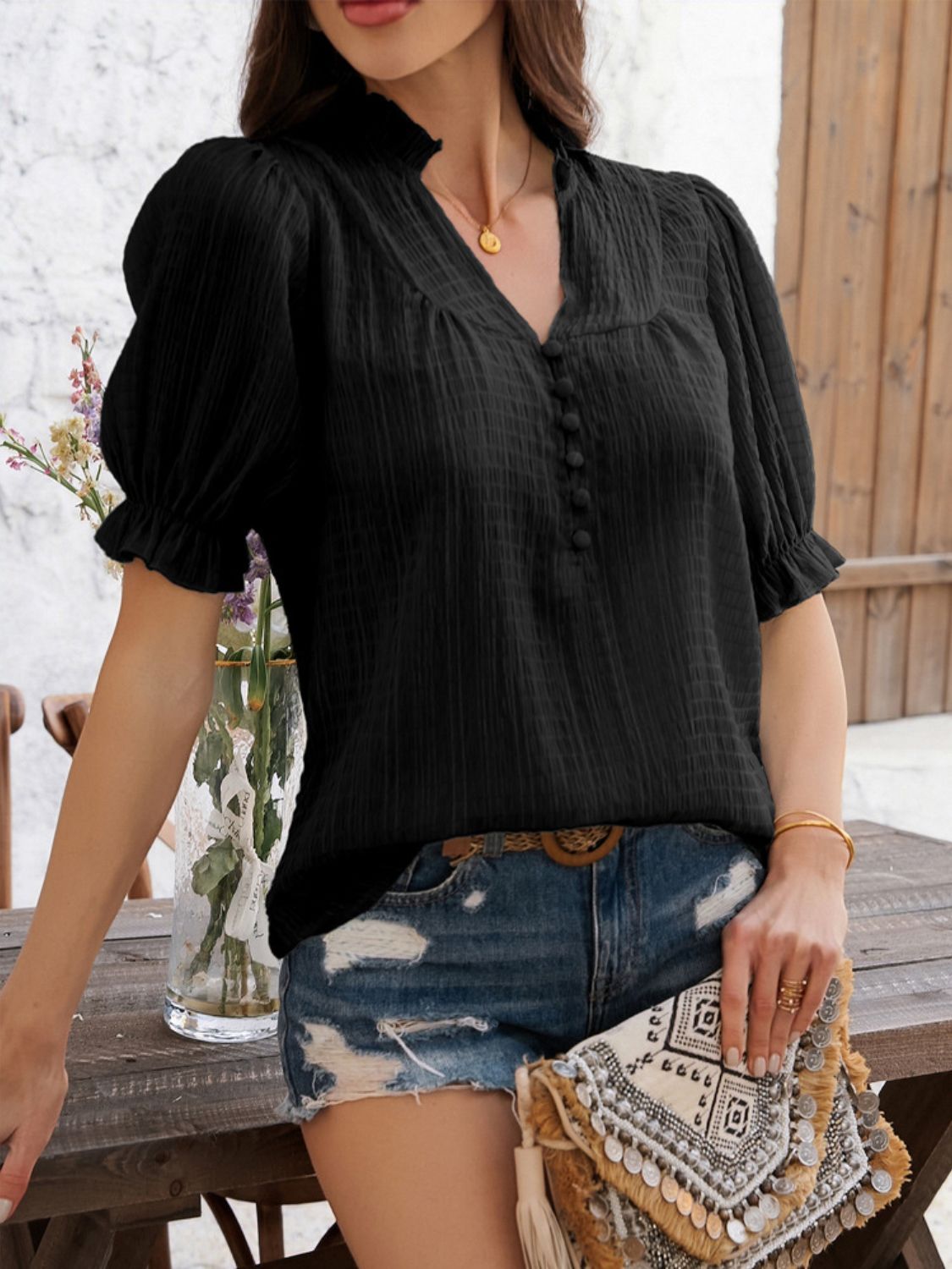 Devine Frill Notched Short Sleeve Blouse - felvior