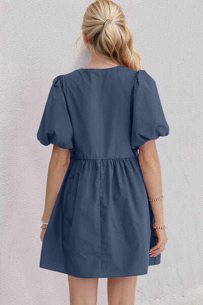 Oh Bow Ruched Puff Sleeve Mini Dress - felvior