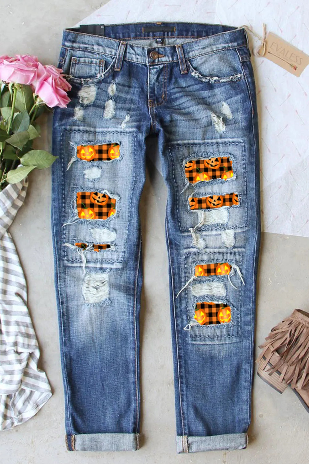 Distressed Pumpkin Pattern Jeans with Pockets Hauptbild