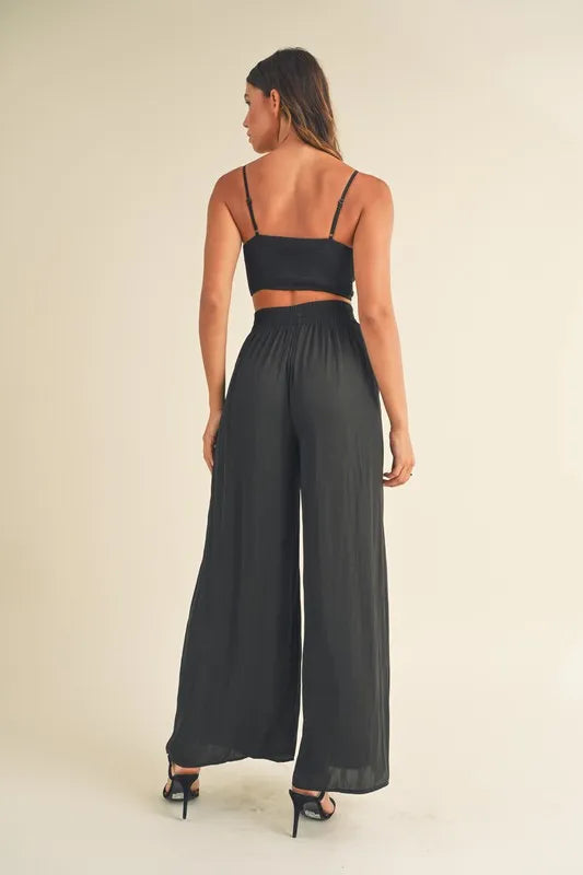 MABLE Smocked Bralette Crop Top and Wide Leg Pants Set
