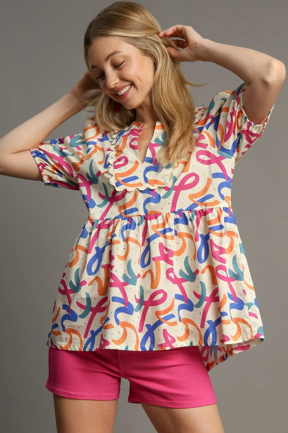 Umgee Full Size Mixed Print Puff Sleeve Babydoll Blouse Plus Size