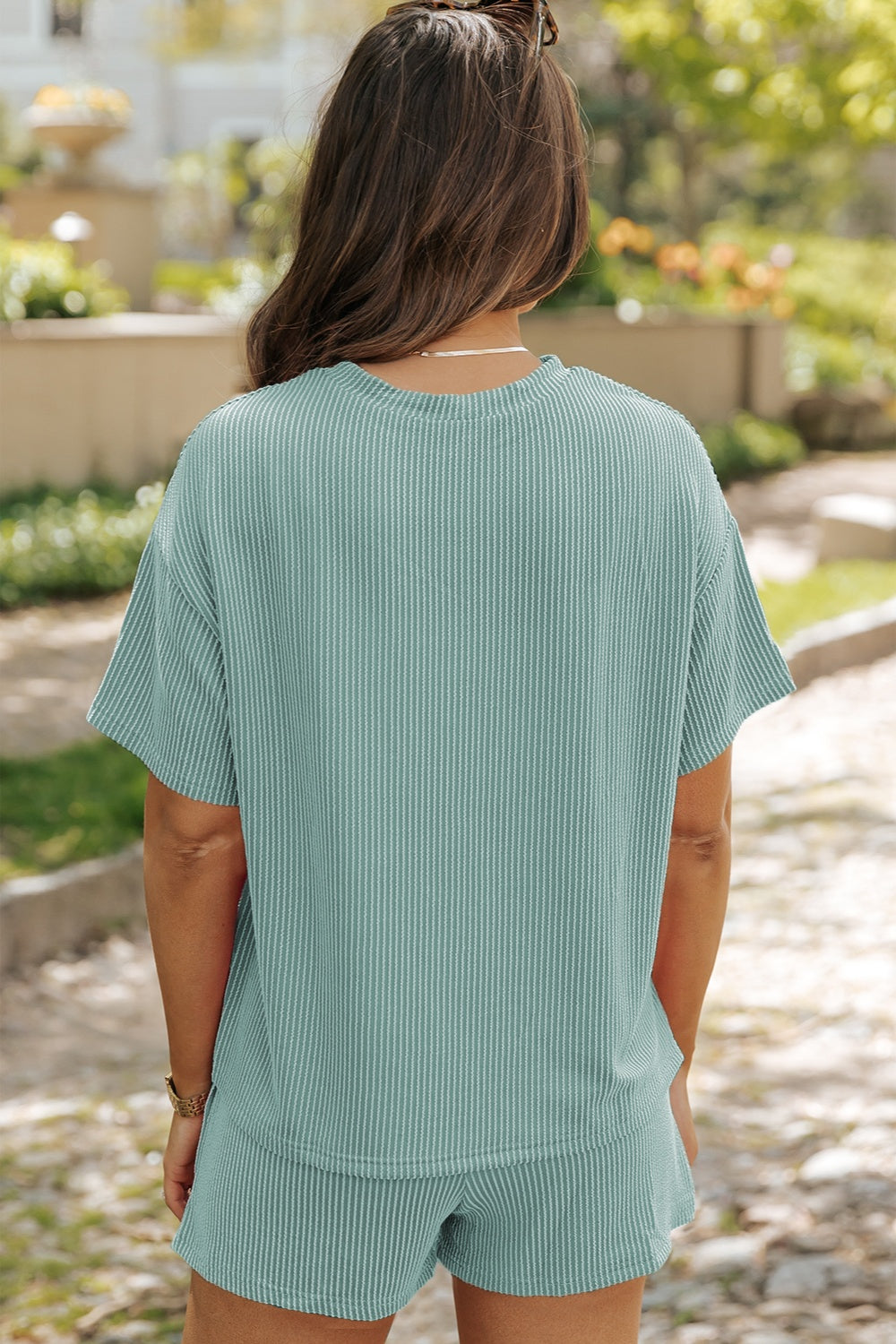 Round Neck Dropped Shoulder Top and Shorts Set - felvior