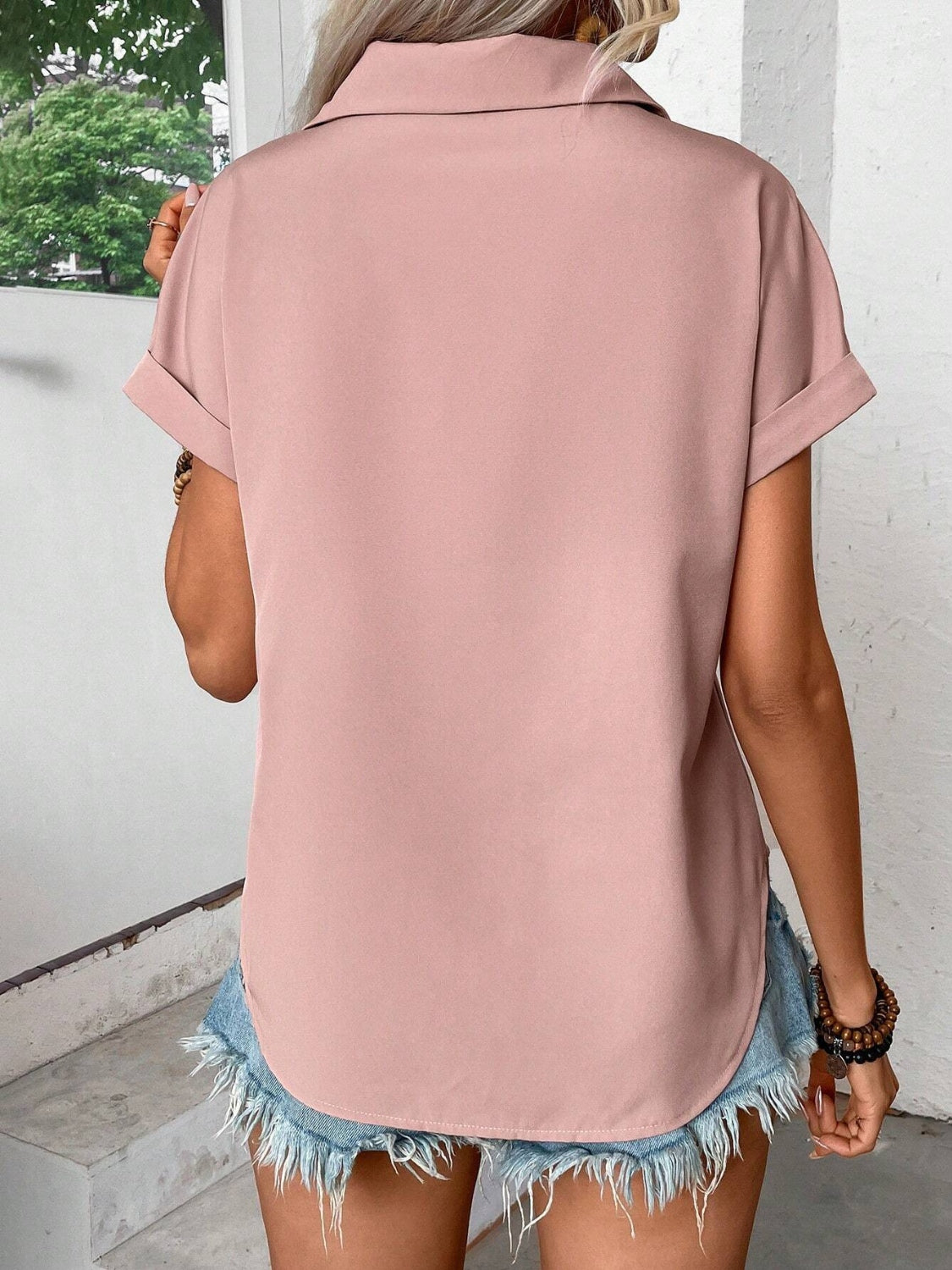Pleated Detail Collared Neck Short Sleeve Shirt - felvior